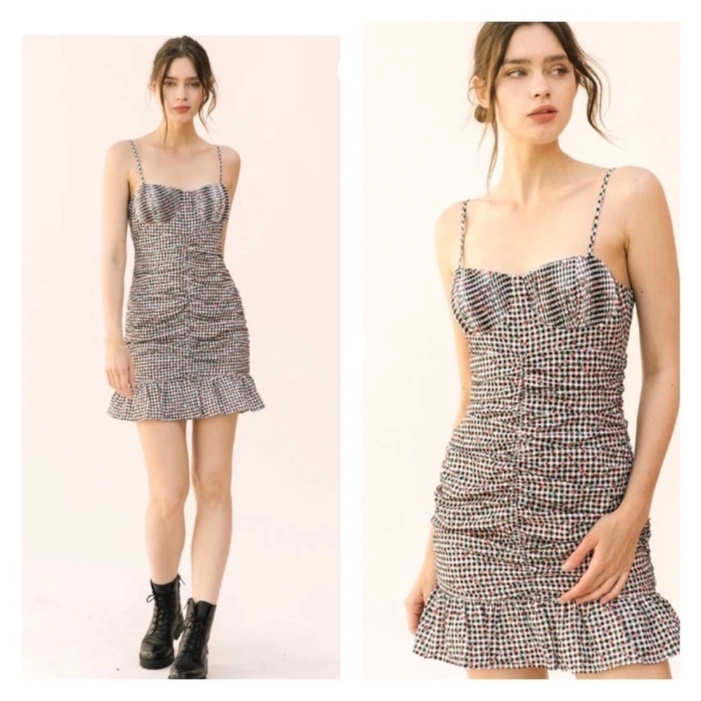 Storia Gardenia Black & White Gingham Check Floral Ruched Dress small